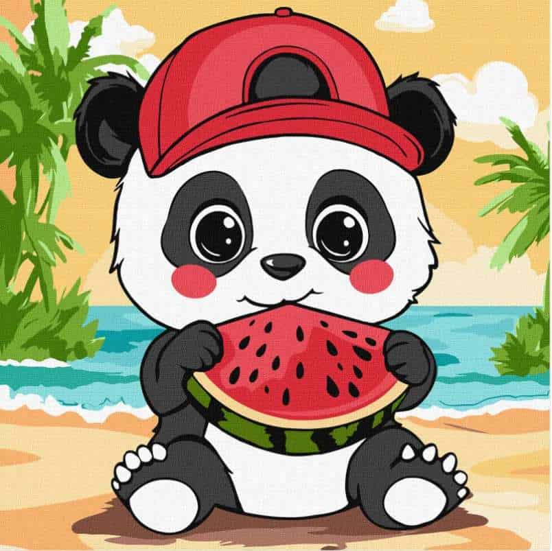 lito panda kavunom Картина за номерами - Літо. Панда з кавуном 25х25 - Зображення 1