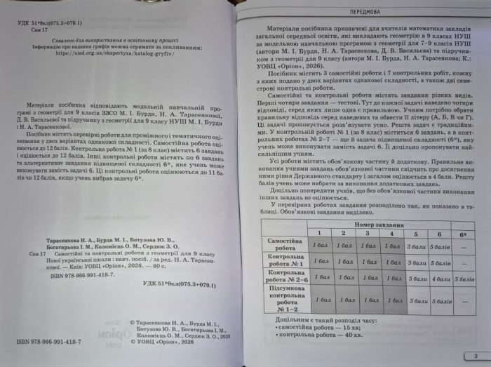 Геометрія. 9 клас. Самостійні та контрольні роботи (НУШ) | Ніна Тарасенкова - Зображення 2