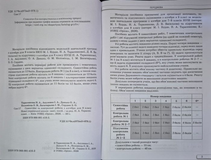 Алгебра. 9 клас. Самостійні та контрольні роботи (НУШ) | Ніна Тарасенкова - Зображення 2